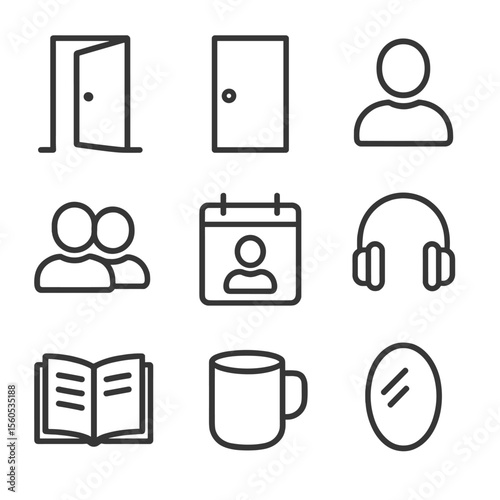 Personal Space Icons. Outline icon set of personal space in relationships: open door, closed door, solo silhouette, couple