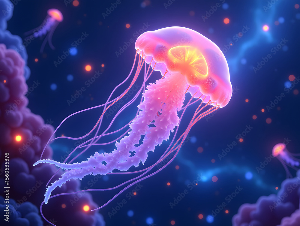Naklejka premium Luminous Jellyfish Floating in a Dreamlike Ocean