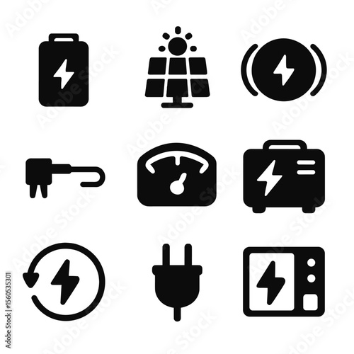 Exoskeleton Power Icons. Solid, filled icon set of Power sources and charging for exoskeletons: battery pack, solar charger,