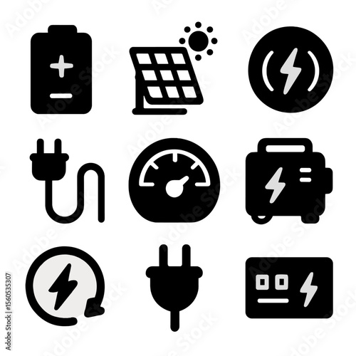 Exoskeleton Power Icons. Solid, filled icon set of Power sources and charging for exoskeletons: battery pack, solar charger,