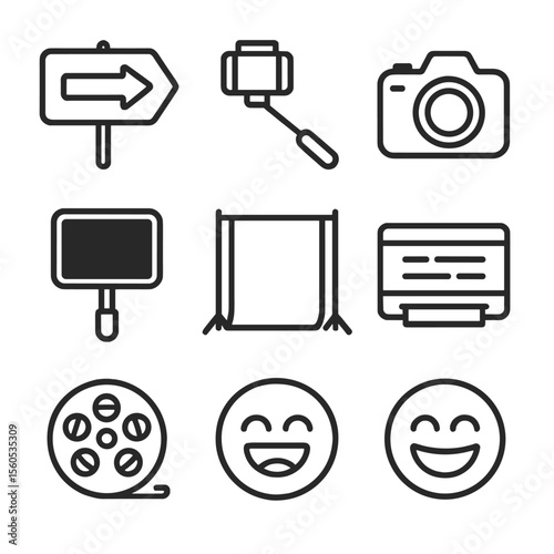 Photobooth Icon Set. Outline icon set of photobooth accessories and signage: photo booth sign, selfie stick, DSLR camera, printer