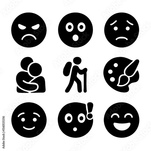 Expressive Emoticon Set. Solid, filled icon set of A emotions and expressions: angry face, amazed face, anxious face, affectionate