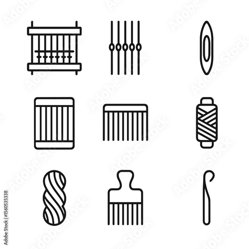 Textile Weaving Icon Set. Outline icon set of textile weaving materials: loom, warp threads, weft shuttle, heddle, reed, bobbin,