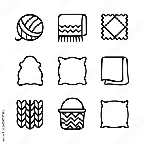 Textile Icon Collection. Outline icon set of soft textiles and textures: wool yarn ball, knitted throw, flannel fabric swatch,