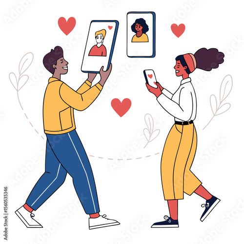 People using dating apps on their phones with hearts and decorative leaves in the background illustration