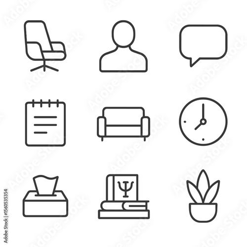 Therapy Session Icons. Outline icon set of therapy session elements: therapist chair, client silhouette, notepad, speech bubble,