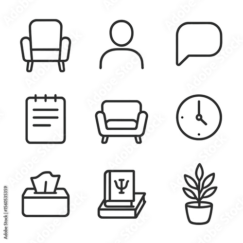 Therapy Session Icons. Outline icon set of therapy session elements: therapist chair, client silhouette, notepad, speech bubble,