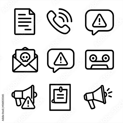 Threat Icons Set. Outline icon set of Threat Communication Methods: handwritten note, phone call icon, text message bubble with