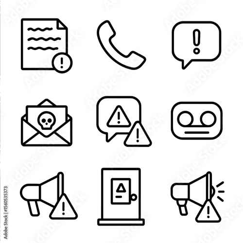 Threat Icons Set. Outline icon set of Threat Communication Methods: handwritten note, phone call icon, text message bubble with