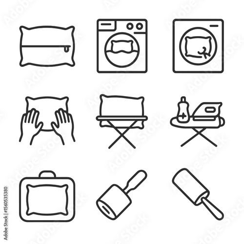 Pillow Care Icons. Outline icon set of pillow care and maintenance: pillow protector, washing machine, tumble dryer, stain remover