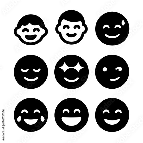 Expressive Smile Icons. Solid, filled icon set of character smile expressions: happy child, proud adult, smile with sweat,