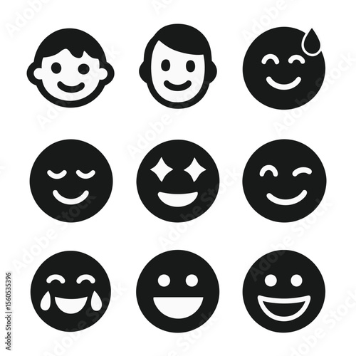 Expressive Smile Icons. Solid, filled icon set of character smile expressions: happy child, proud adult, smile with sweat,