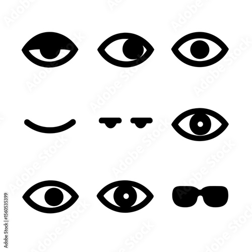 Eye Icons Grid. Solid, filled icon set of eyes and gaze directions: downcast gaze, side glance, upward look, direct stare, closed