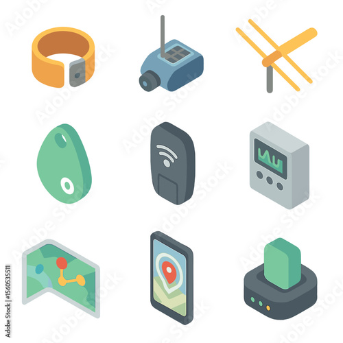 Tracking Technology Icons. Isometric Flat icon set of tagging and tracking technologies: leg band ring, satellite tracking tag,