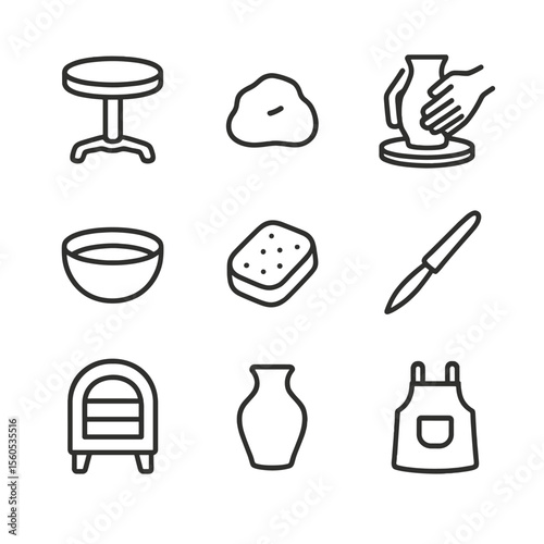 Pottery Workshop Icons. Outline icon set of pottery workshop essentials: potter's wheel, clay lump, shaping hands, water bowl,