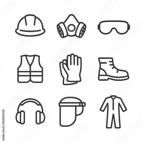 PPE Icon Set. Outline icon set of general personal protective equipment: safety helmet, respirator mask, safety goggles,