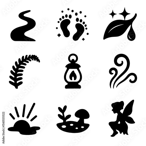 Fairy Trail Icons. Solid, filled icon set of fairy trails at dawn: winding path, glowing footprints, dewdrop sparkle, fern arch,
