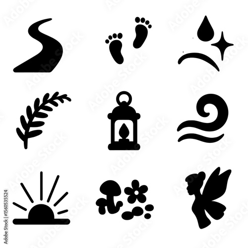 Fairy Trail Icons. Solid, filled icon set of fairy trails at dawn: winding path, glowing footprints, dewdrop sparkle, fern arch,
