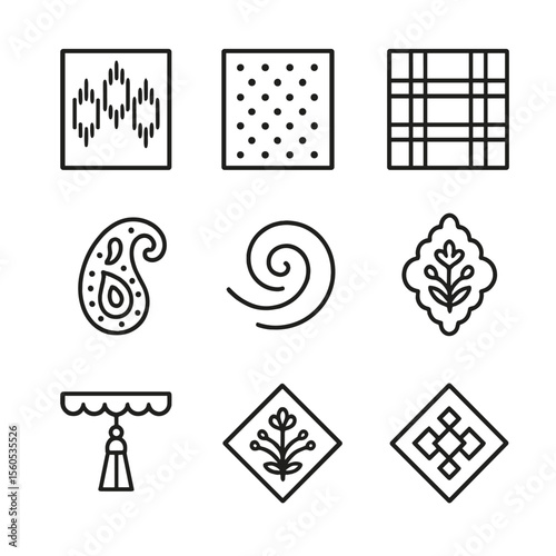 Traditional Scarf Icons. Outline icon set of traditional scarf motifs: ikat pattern, block print, bandhani dot, tartan square,