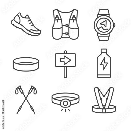 Trail Running Essentials. Outline icon set of Trail running essentials: running shoe, hydration vest, GPS watch, sweatband, trail