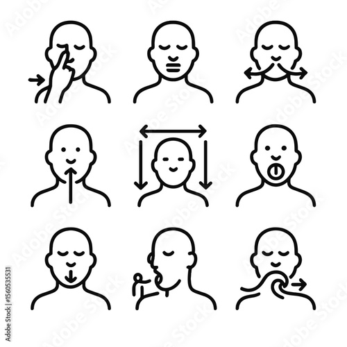 Pranayama Icon Set. Outline icon set of pranayama techniques: alternate nostril breath, ujjayi breath, kapalabhati, bhastrika, box