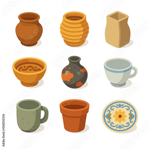 Traditional Pottery Icon Set. Isometric Flat icon set of traditional pottery styles: wheel-thrown earthenware, hand-built coil pot