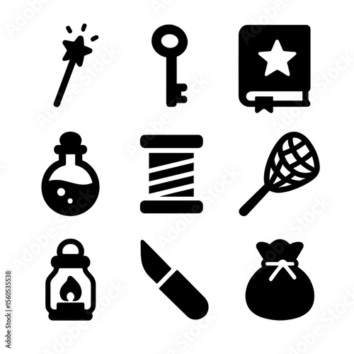 Fairy Tools Icons. Solid, filled icon set of fairy tools and accessories: tiny wand, miniature key, enchanted book, potion vial,