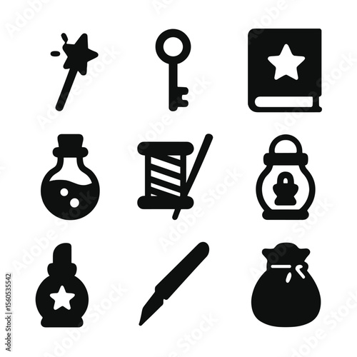 Fairy Tools Icons. Solid, filled icon set of fairy tools and accessories: tiny wand, miniature key, enchanted book, potion vial,