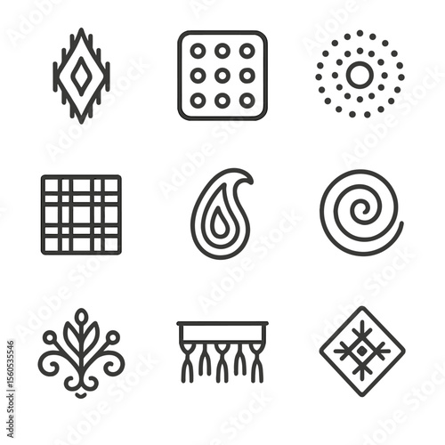 Traditional Scarf Icons. Outline icon set of traditional scarf motifs: ikat pattern, block print, bandhani dot, tartan square,