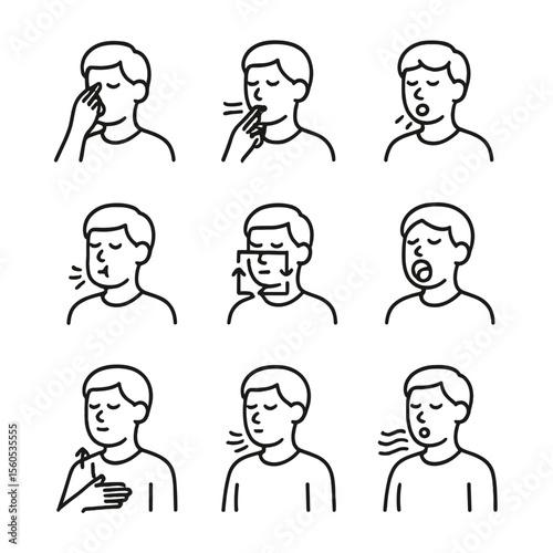 Pranayama Icon Set. Outline icon set of pranayama techniques: alternate nostril breath, ujjayi breath, kapalabhati, bhastrika, box