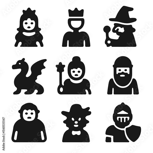 Fairy-Tale Icon Set. Solid, filled icon set of classic fairy-tale characters: princess, prince, witch, dragon, fairy godmother,