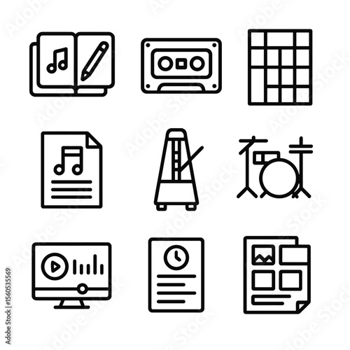 Pre-Production Icon Set. Outline icon set of pre-production planning: songwriting notebook, demo session tape, chord chart, lyric