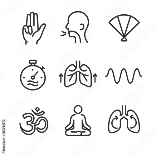 Pranayama Icons Set. Outline icon set of pranayama techniques: alternate nostril hand, ujjayi throat icon, bellows breath fan,