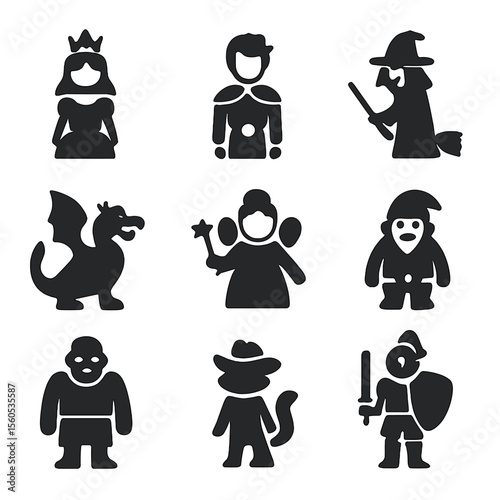 Fairy-Tale Icon Set. Solid, filled icon set of classic fairy-tale characters: princess, prince, witch, dragon, fairy godmother,