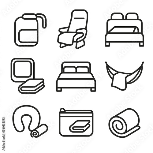 Travel Blanket Icons. Outline icon set of travel and portable throw blankets: travel pouch, airplane seat blanket, car backseat