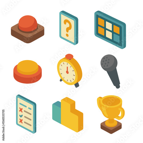 Family Trivia Game Icons. Isometric Flat icon set of family trivia night: trivia buzzer, question card, score board, team buzzer,