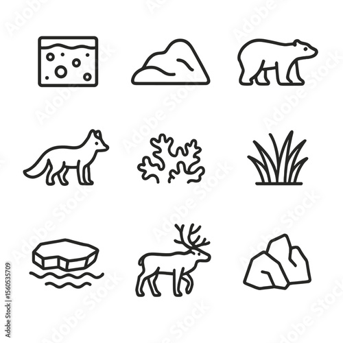 Tundra Icon Set. Outline icon set of tundra habitat: permafrost, snowdrift, polar bear, Arctic fox, lichen patch, tundra grass,