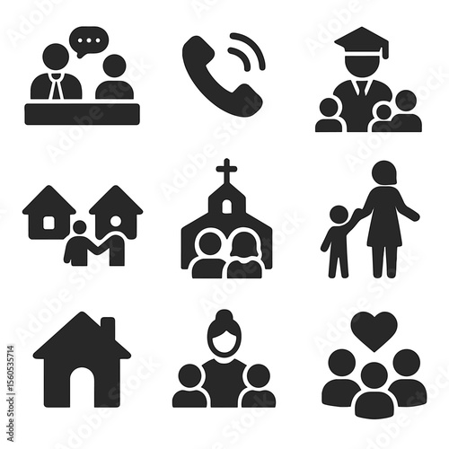 Family Support Icons. Solid, filled icon set of support systems for families: family counselor, hotline icon, school advisor,