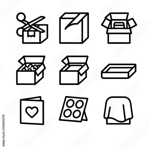 Unboxing Icons Set. Outline icon set of Unboxing Elements: scissors cutting tape, peeling wrap, reveal product, protective foam,