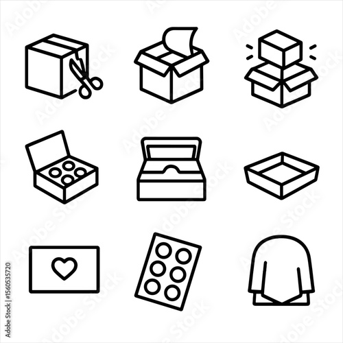 Unboxing Icons Set. Outline icon set of Unboxing Elements: scissors cutting tape, peeling wrap, reveal product, protective foam,