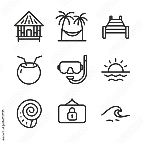 Private Island Icons. Outline icon set of private palm-fringed hideaway: bamboo bungalow, hammock between palms, wooden pier,