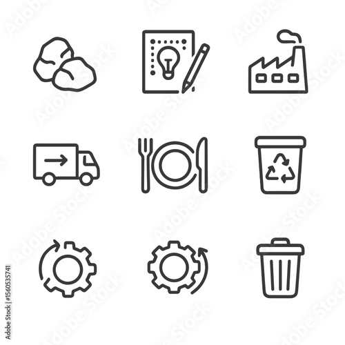 Product Lifecycle Icons. Outline icon set of Product lifecycle stages: raw materials, design, production, distribution,