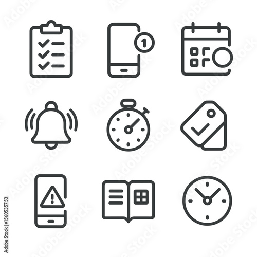 Productivity Icon Set. Outline icon set of productivity notifications: checklist clipboard, push notification badge, calendar