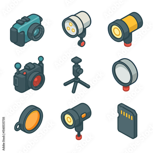 Underwater Photography Icons. Isometric Flat icon set of underwater cave lighting and photography: underwater camera, strobe light