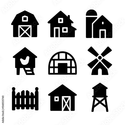 Farm Building Icons. Solid, filled icon set of Farm buildings: barn, farmhouse, silo, chicken coop, greenhouse, windmill, water