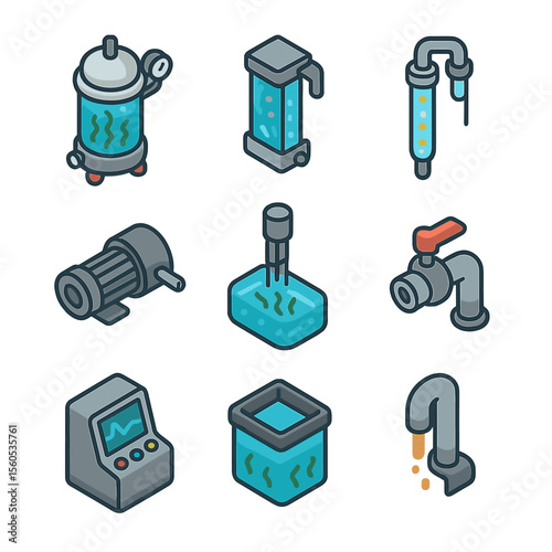 Underwater Bioreactor Icons. Isometric Flat icon set of underwater bioreactor systems: high-pressure bioreactor vessel, membrane