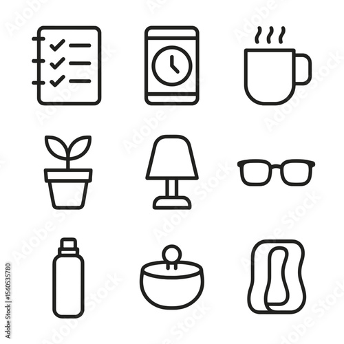 Productivity Icons Set. Outline icon set of productivity and wellbeing aids: task planner, time tracking app, coffee mug, desk