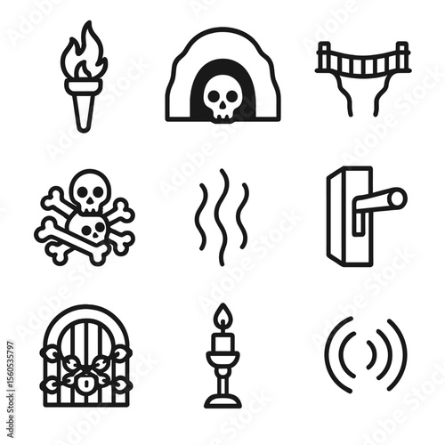 Underworld Passage Icons. Outline icon set of underworld passage icons: torch, skull cave, bridge over chasm, bone pile, rising