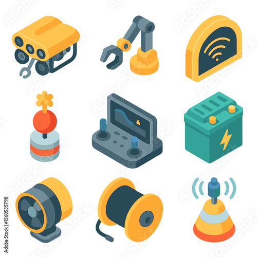 Underwater Robotics Icons. Isometric Flat icon set of underwater cleanup robotics: underwater drone, robotic gripper arm, sonar