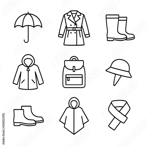 Rainy Day Essentials. Outline icon set of rainy day fashion essentials: classic umbrella, trench coat, rubber boots, hooded